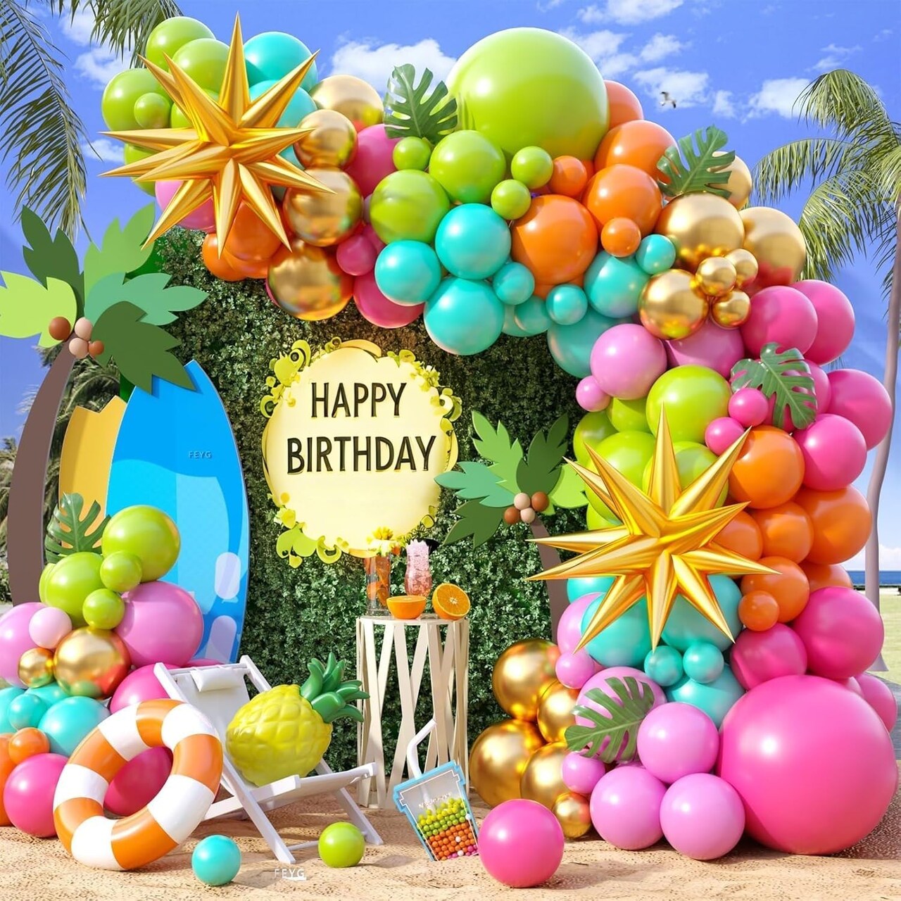 Summer Tropical Balloon Arch Kit (Rainbow, Hot Pink, Green, Orange, Lime Green, Teal, Blue, Yellow, Gold)